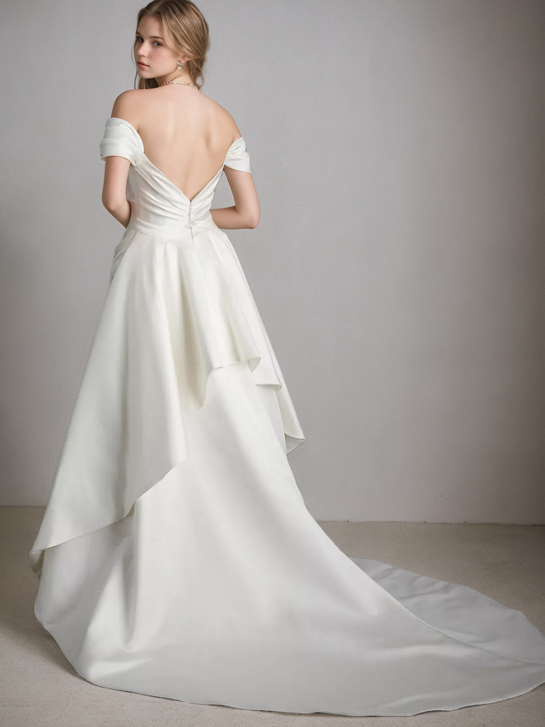 A Line/Princess Off-the-shoulder Short Sleeve Asymmetrical Elegant Wedding Dresses BabaMila