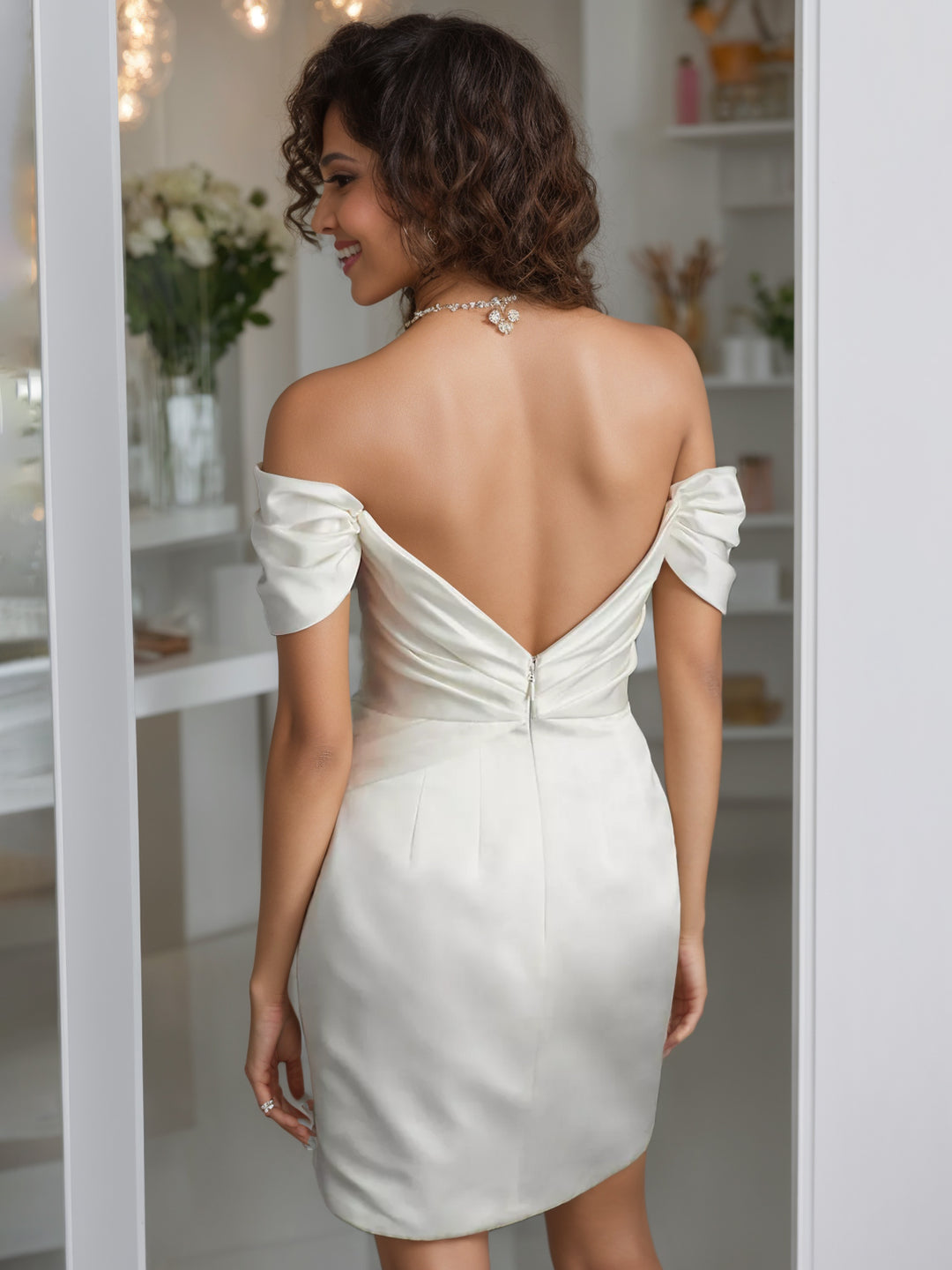 A Line/Princess Off-the-shoulder Short Sleeve Asymmetrical Elegant Wedding Dresses BabaMila