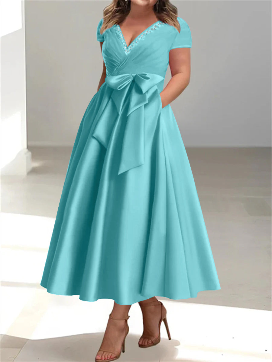 A-Line/Princess V-Neck Plus Size Mother Of The Bride Dresses With Pockets & Ruffles BabaMila