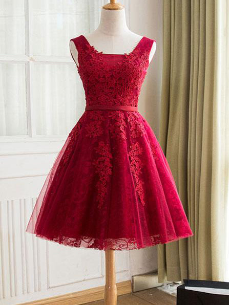 Burgundy Homecoming Dress Straps A-line Lace Appliques Lace-up Short Prom Dress Party Dress Homecoming Dress BabaMila