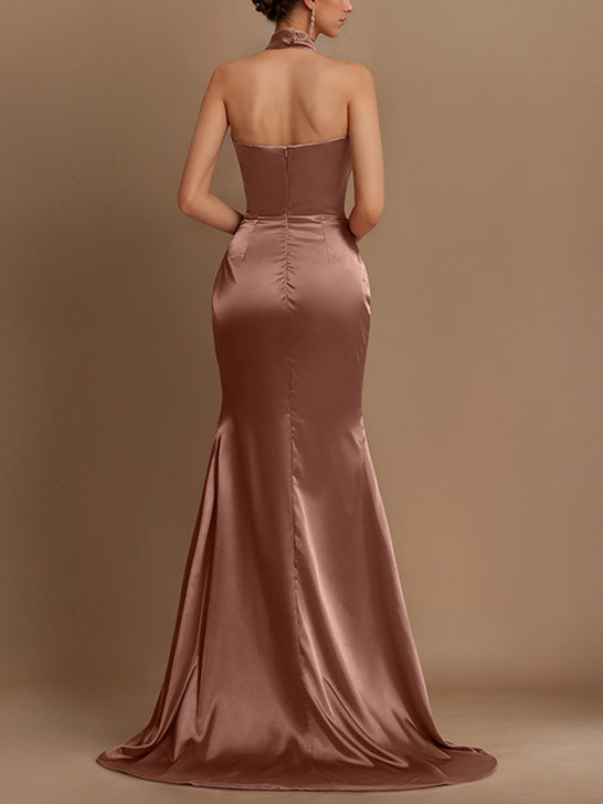 Sheath/Column Halter Satin Floor-length Prom Dresses With Pleated/Split Side BabaMila