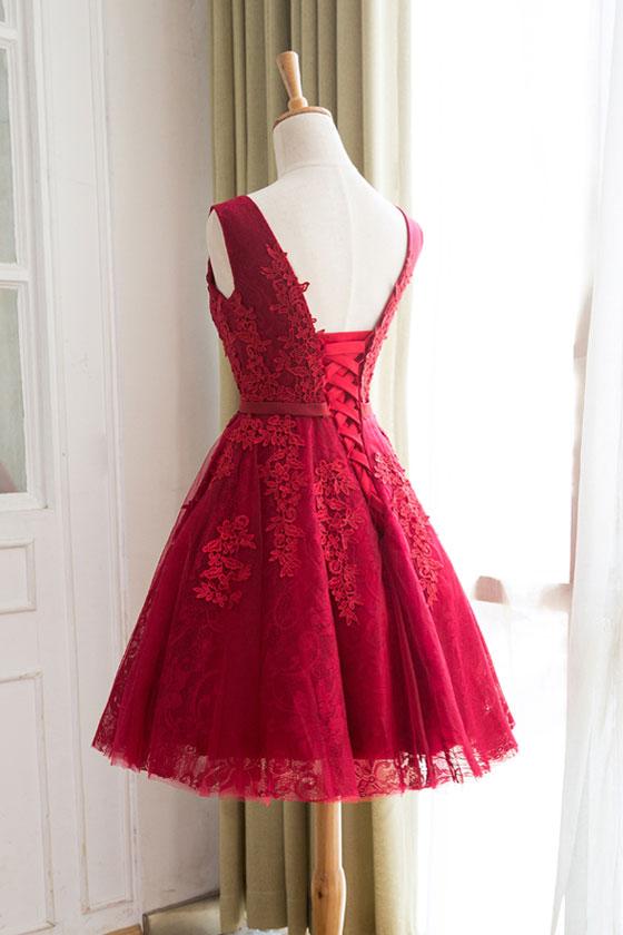 Burgundy Homecoming Dress Straps A-line Lace Appliques Lace-up Short Prom Dress Party Dress Homecoming Dress BabaMila