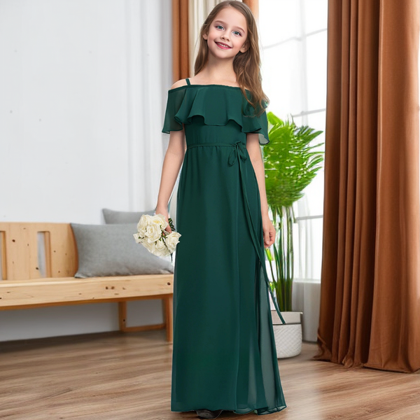 A-Line Cold Shoulder Cape Simple Floor-Length Chiffon Junior Bridesmaid Dress/Girls Birthday Dresses With Belt Girls Gidiondress as picture 12M