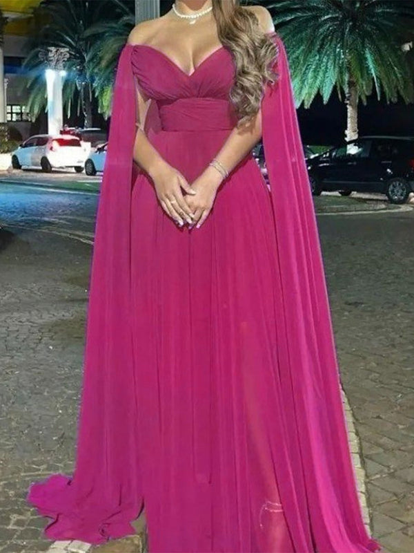 A-Line Sweep/Brush Train Sleeveless Off Shoulder Wedding Guest Dress Capes Chiffon with Pleats BabaMila
