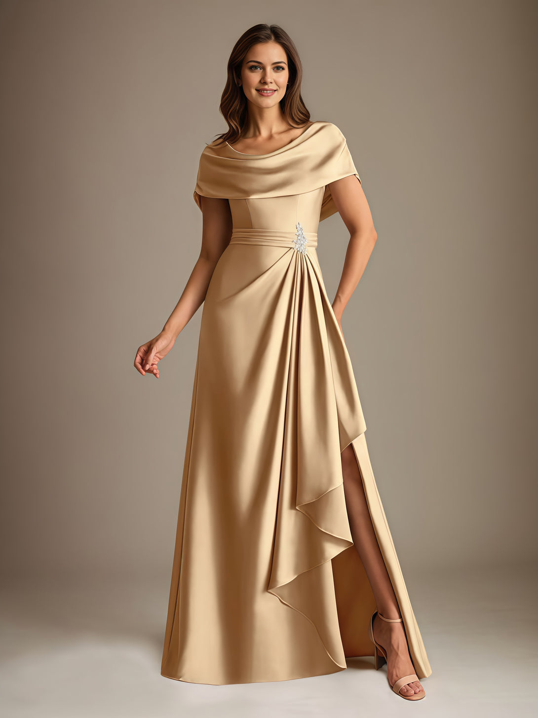 A-Line Cowl Neck Cape Floor-Length Satin Mother of the Bride Dress With Cascading Ruffles/Beads BabaMila