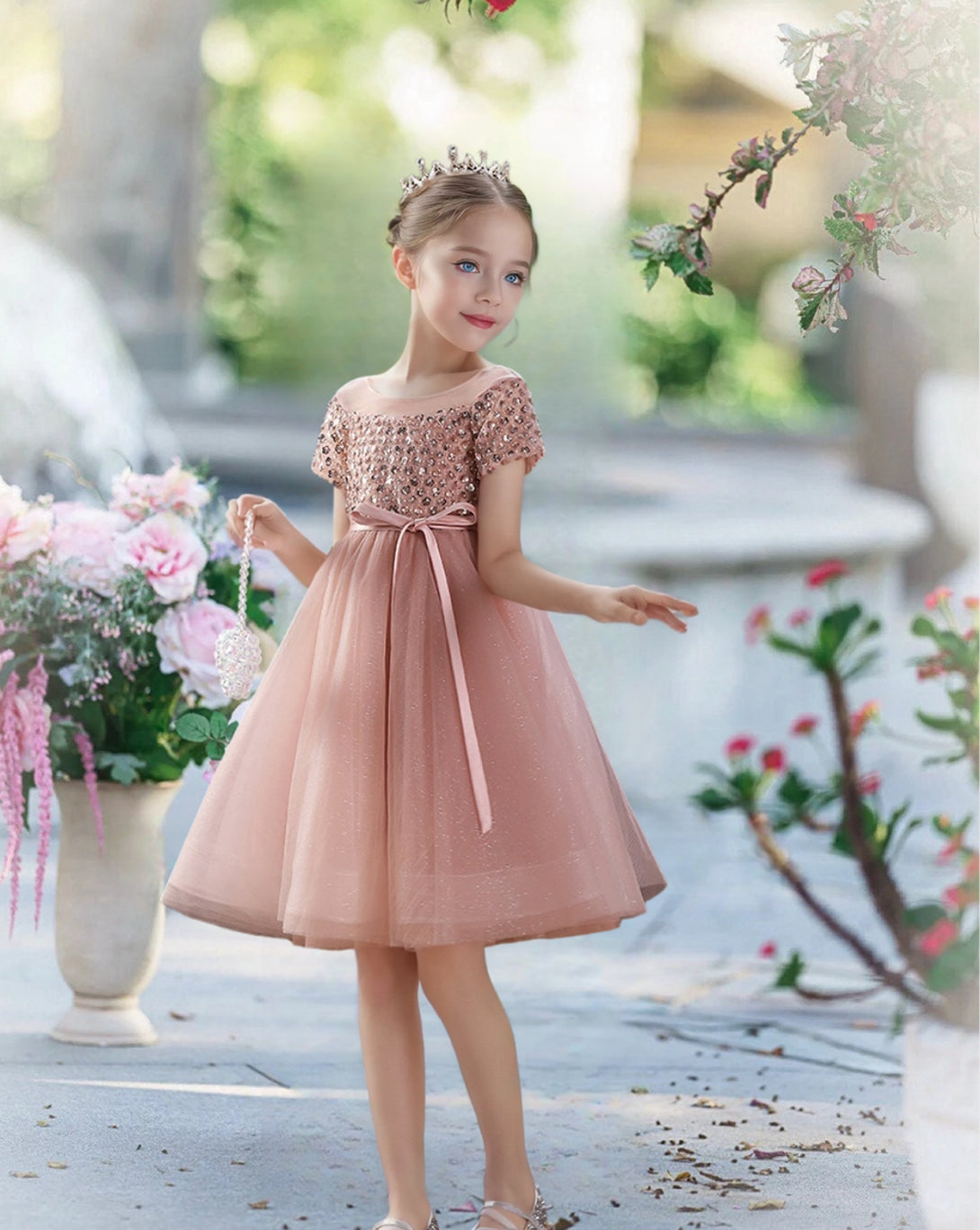 Short Sleeve Knee-Length Tulle/Sequins Holiday＆Christmas Dresses With Ribbon Girls Gidiondress