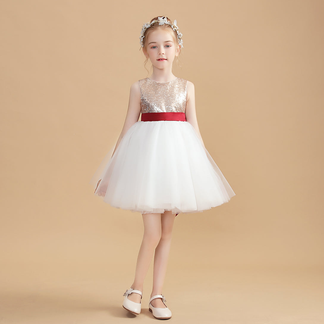 Sleeveless Boat Neck Knee-Length Satin/Tulle/Sequins Flower Girl Dresses With Belt Girls Gidiondress