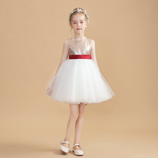 Sleeveless Boat Neck Knee-Length Satin/Tulle/Sequins Flower Girl Dresses With Belt Girls Gidiondress