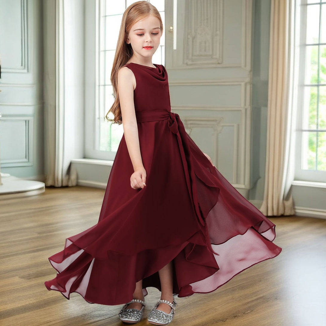 Asymmetrical Cowl Sleeveless Chiffon Floor-Length Junior Bridesmaid Dress/Girls Birthday Dresses With Belt Gidiondress