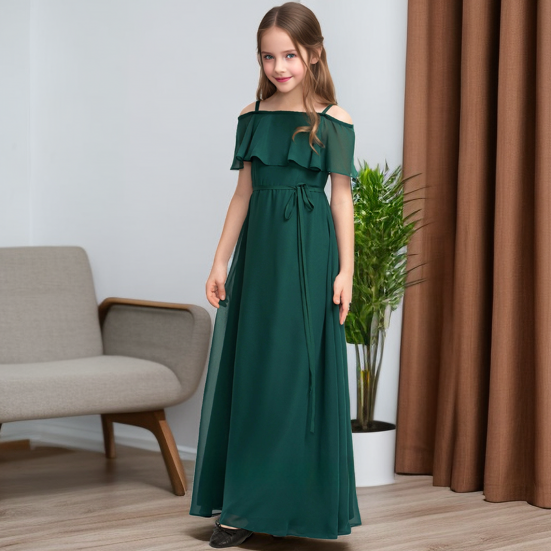 A-Line Cold Shoulder Cape Simple Floor-Length Chiffon Junior Bridesmaid Dress/Girls Birthday Dresses With Belt Girls Gidiondress