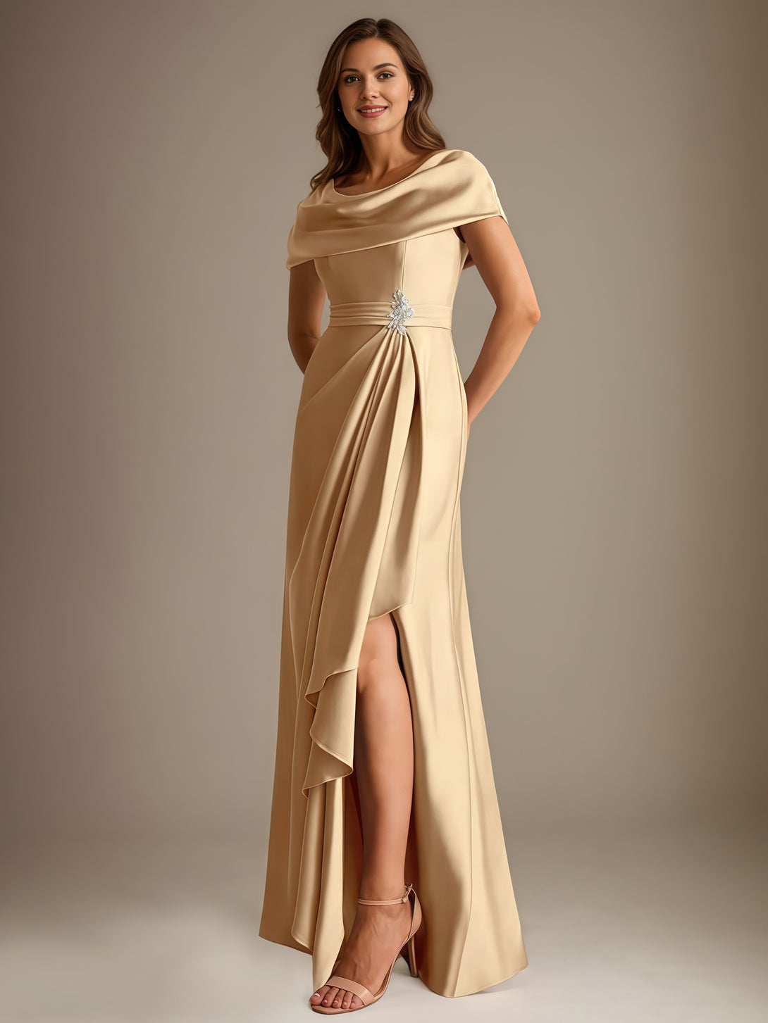 A-Line Cowl Neck Cape Floor-Length Satin Mother of the Bride Dress With Cascading Ruffles/Beads BabaMila