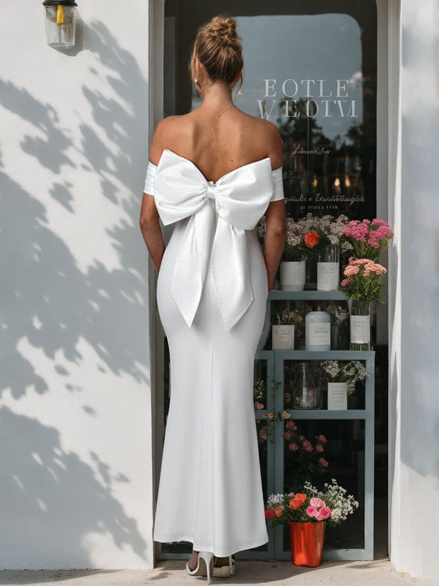 Sheath/Column Off-the-Shoulder Sleeveless Gorgeous Wedding Dress with Detachable bow BabaMila