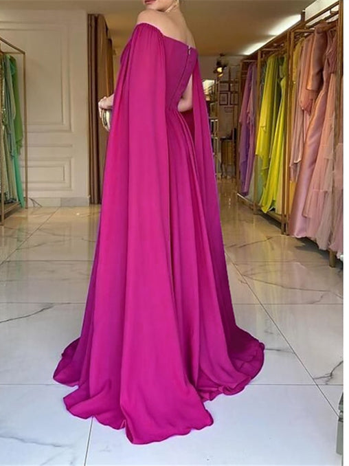 A-Line Sweep/Brush Train Sleeveless Off Shoulder Wedding Guest Dress Capes Chiffon with Pleats BabaMila