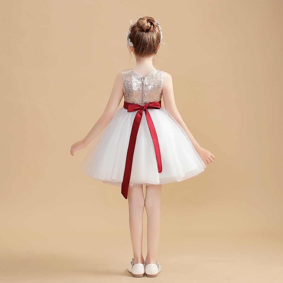 Sleeveless Boat Neck Knee-Length Satin/Tulle/Sequins Flower Girl Dresses With Belt Girls Gidiondress
