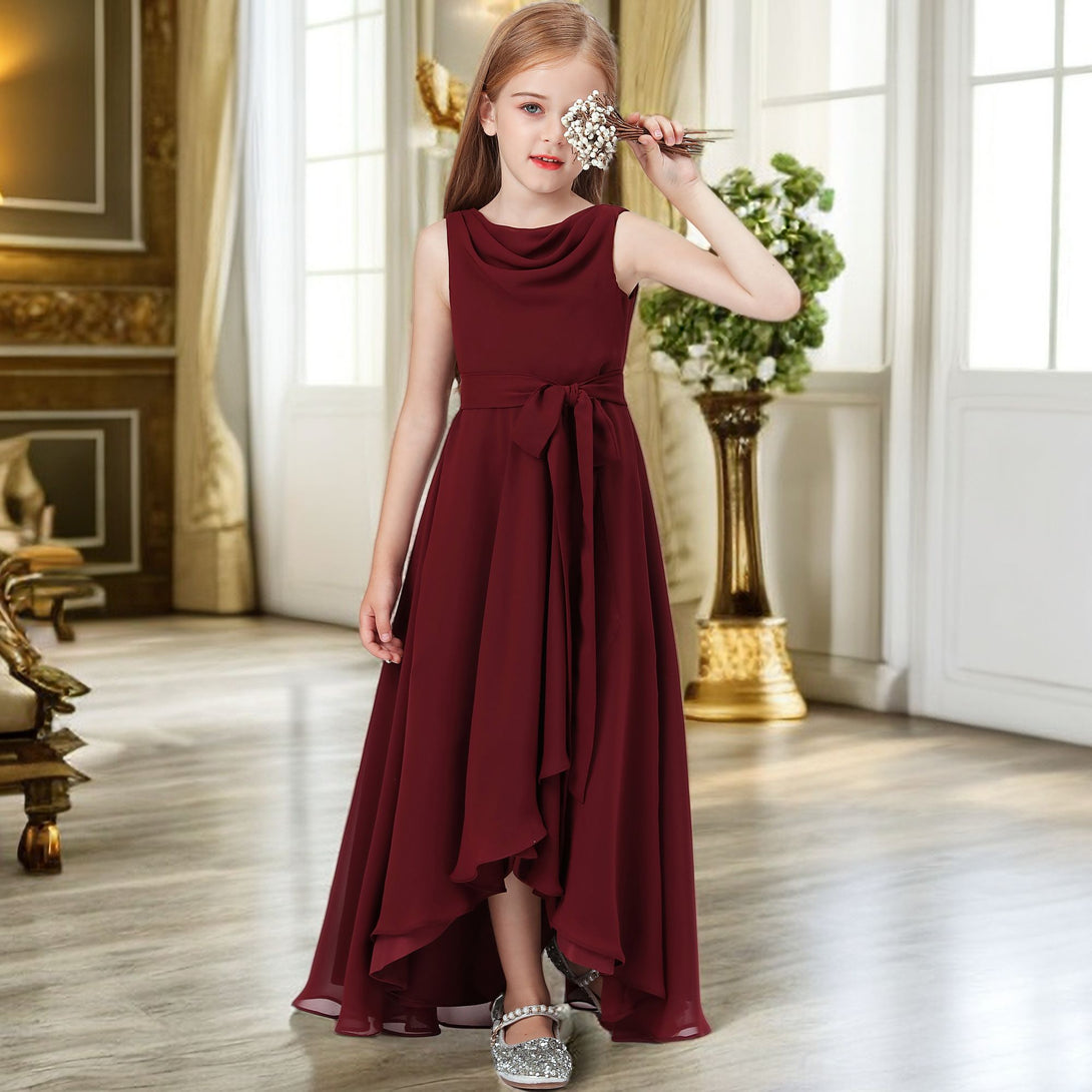 Asymmetrical Cowl Sleeveless Chiffon Floor-Length Junior Bridesmaid Dress/Girls Birthday Dresses With Belt Gidiondress as picture 12M