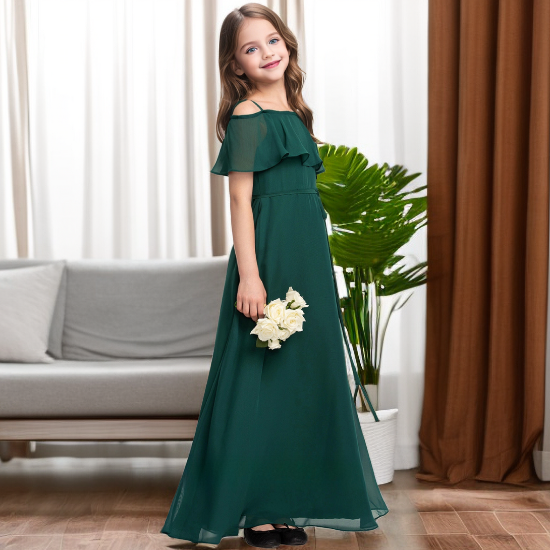 A-Line Cold Shoulder Cape Simple Floor-Length Chiffon Junior Bridesmaid Dress/Girls Birthday Dresses With Belt Girls Gidiondress