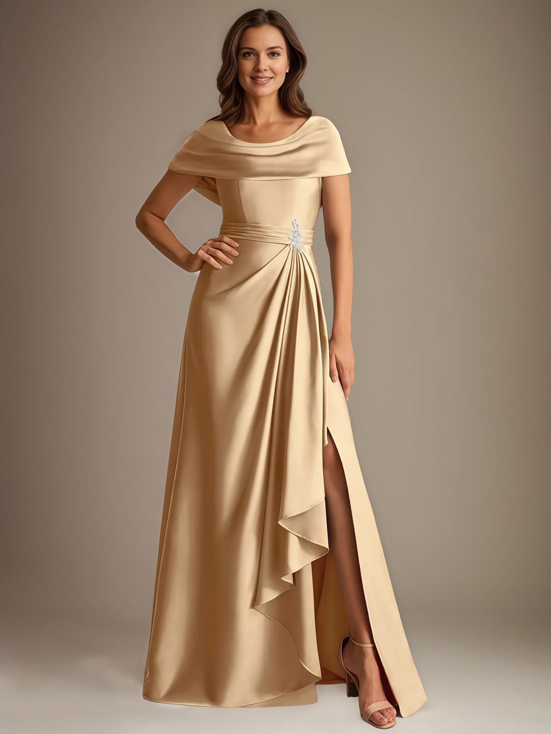 A-Line Cowl Neck Cape Floor-Length Satin Mother of the Bride Dress With Cascading Ruffles/Beads BabaMila