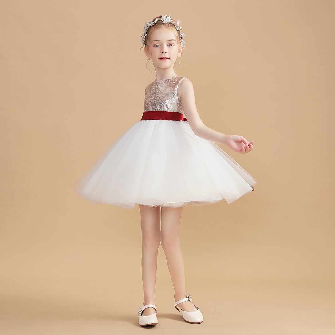 Sleeveless Boat Neck Knee-Length Satin/Tulle/Sequins Flower Girl Dresses With Belt Girls Gidiondress