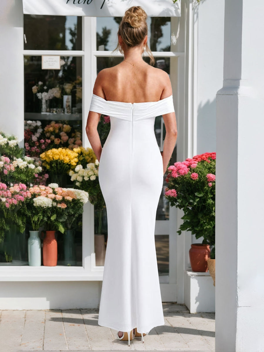 Sheath/Column Off-the-Shoulder Sleeveless Gorgeous Wedding Dress with Detachable bow BabaMila