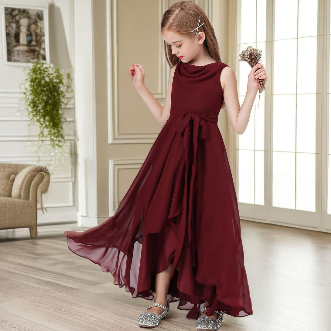 Asymmetrical Cowl Sleeveless Chiffon Floor-Length Junior Bridesmaid Dress/Girls Birthday Dresses With Belt Gidiondress