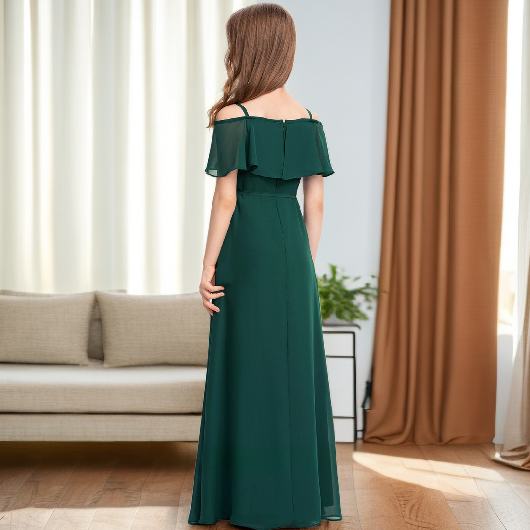 A-Line Cold Shoulder Cape Simple Floor-Length Chiffon Junior Bridesmaid Dress/Girls Birthday Dresses With Belt Girls Gidiondress