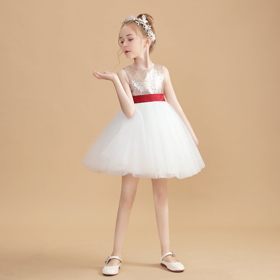 Sleeveless Boat Neck Knee-Length Satin/Tulle/Sequins Flower Girl Dresses With Belt Girls Gidiondress