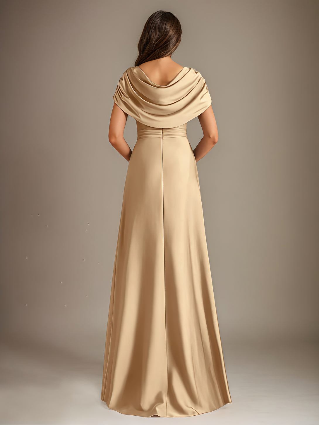 A-Line Cowl Neck Cape Floor-Length Satin Mother of the Bride Dress With Cascading Ruffles/Beads BabaMila