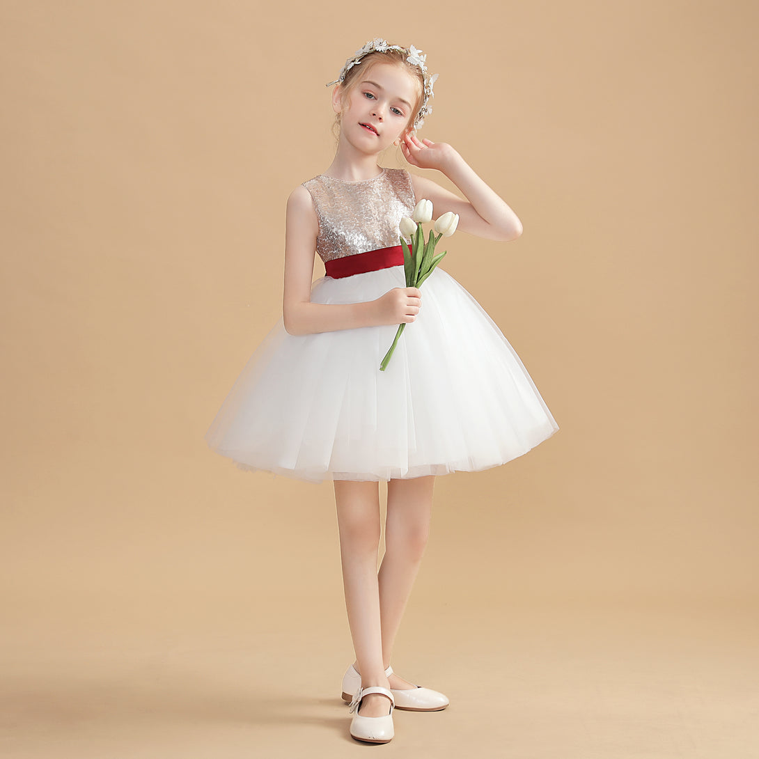 Sleeveless Boat Neck Knee-Length Satin/Tulle/Sequins Flower Girl Dresses With Belt Girls Gidiondress as picture 12M