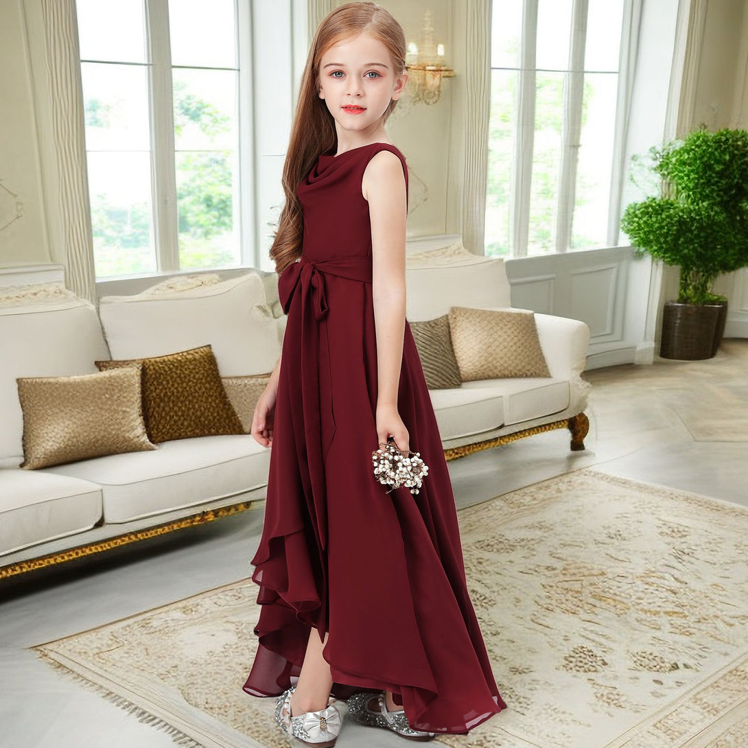 Asymmetrical Cowl Sleeveless Chiffon Floor-Length Junior Bridesmaid Dress/Girls Birthday Dresses With Belt Gidiondress