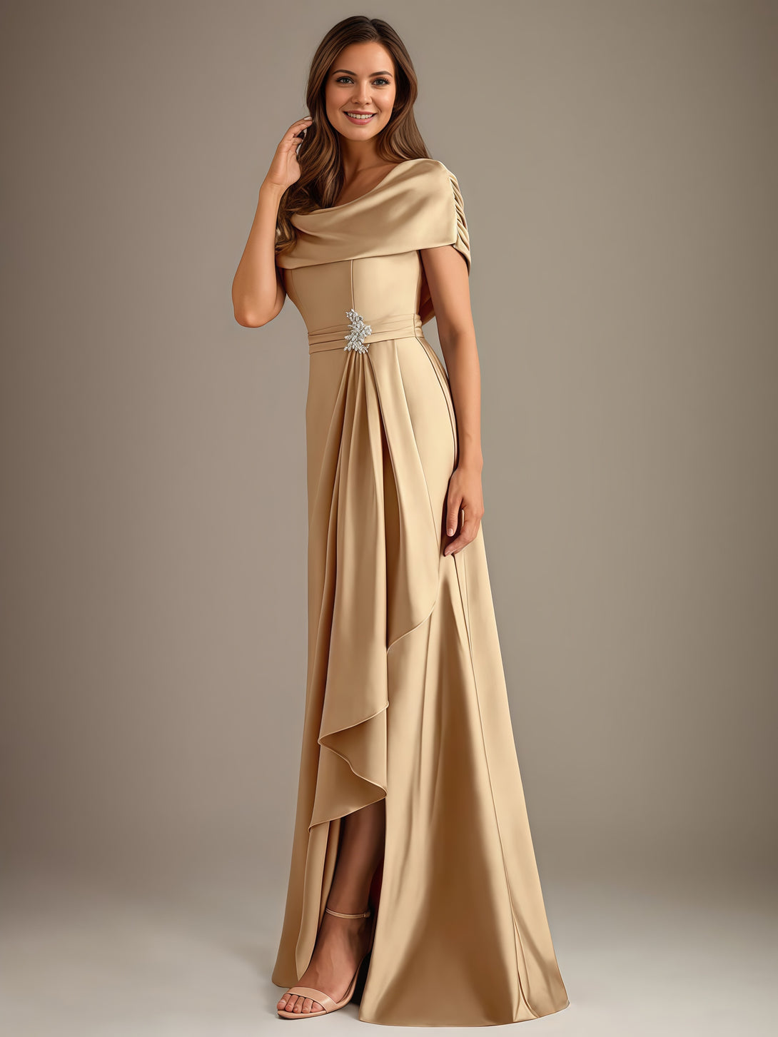 A-Line Cowl Neck Cape Floor-Length Satin Mother of the Bride Dress With Cascading Ruffles/Beads BabaMila