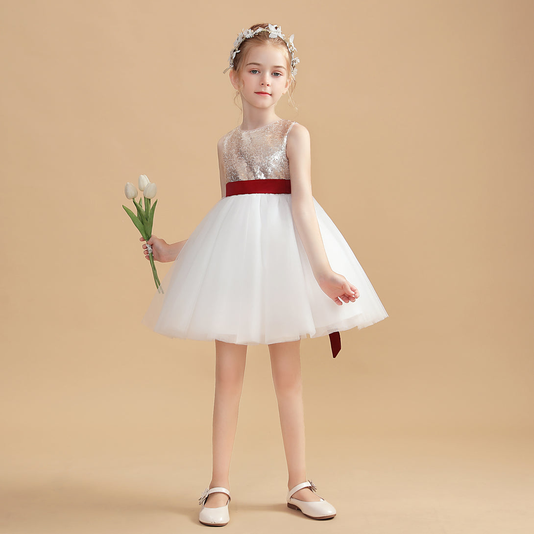 Sleeveless Boat Neck Knee-Length Satin/Tulle/Sequins Flower Girl Dresses With Belt Girls Gidiondress