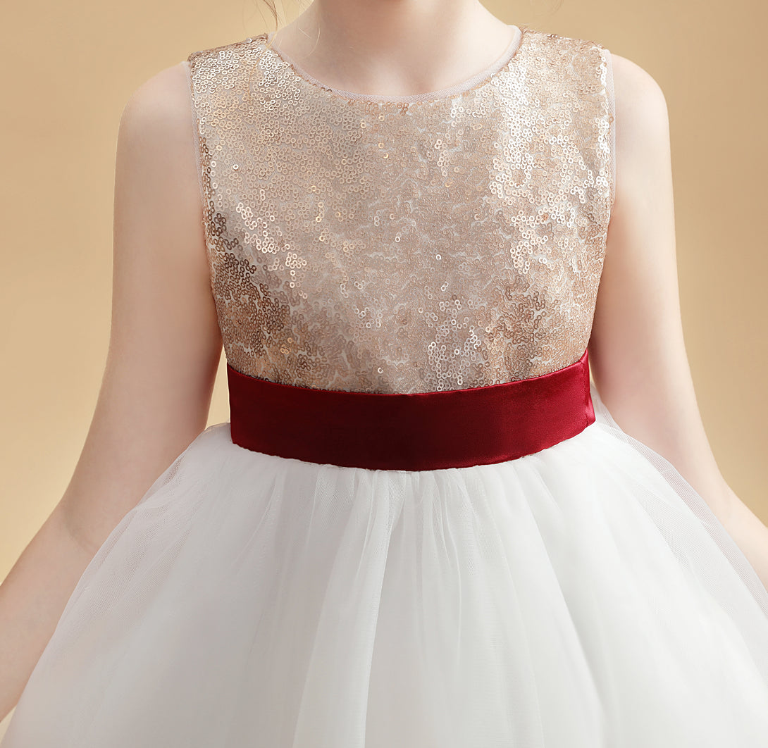 Sleeveless Boat Neck Knee-Length Satin/Tulle/Sequins Flower Girl Dresses With Belt Girls Gidiondress