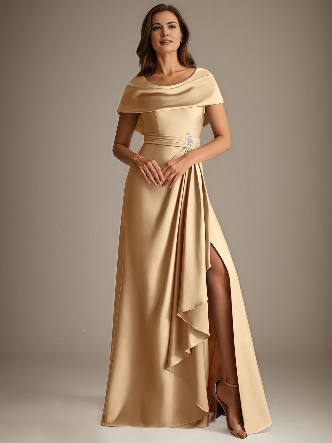 A-Line Cowl Neck Cape Floor-Length Satin Mother of the Bride Dress With Cascading Ruffles/Beads BabaMila