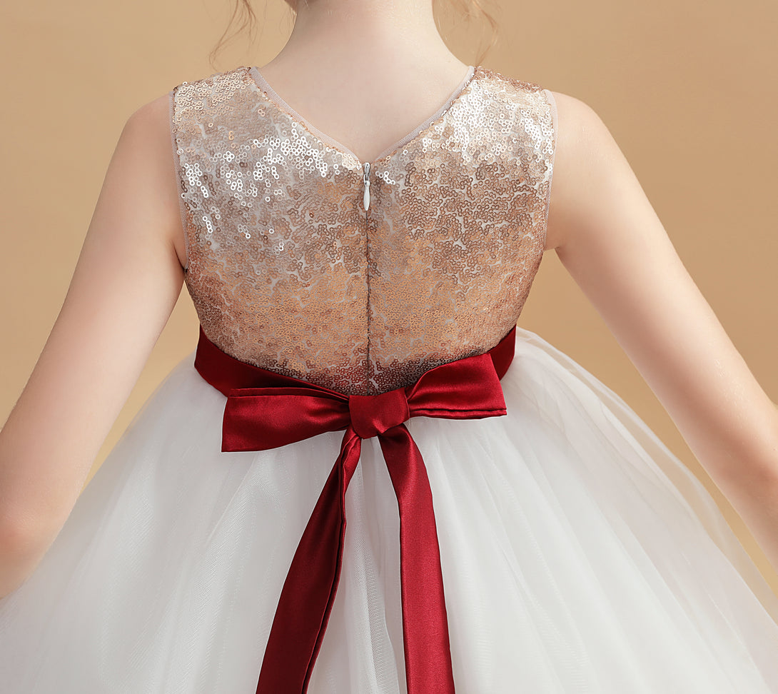 Sleeveless Boat Neck Knee-Length Satin/Tulle/Sequins Flower Girl Dresses With Belt Girls Gidiondress
