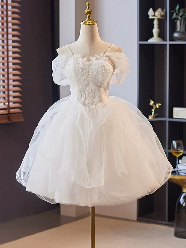 A-Line Off Shoulder Tulle Lace Short prom Dress, White Homecoming Dress Homecoming Dress BabaMila