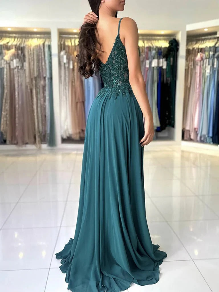A Line V Neck Dark Green Lace Prom Dresses, A Line V Nec Dark Green Lace Formal Evening Dresses BabaMila