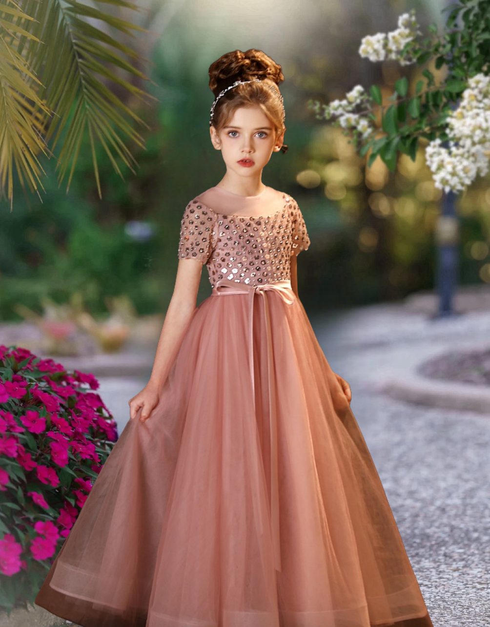 Short Sleeve Floor-Length Tulle/Sequins/Satin Holiday＆Christmas Dresses With Ribbon Girls Gidiondress Dusty Rose 12M