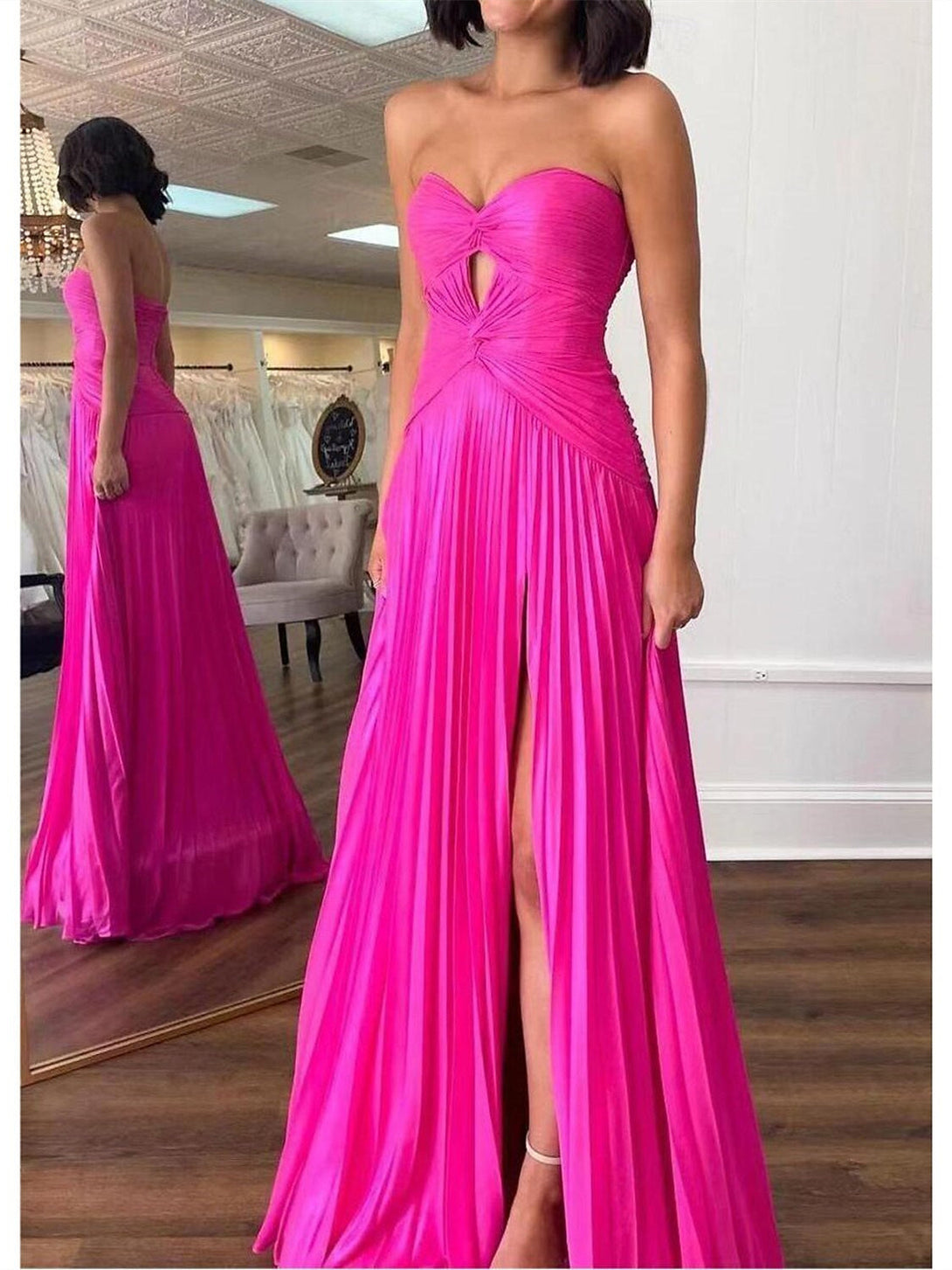 A-Line/Princess Sleeveless Strapless Prom Dresses With Pleats Ruched BabaMila