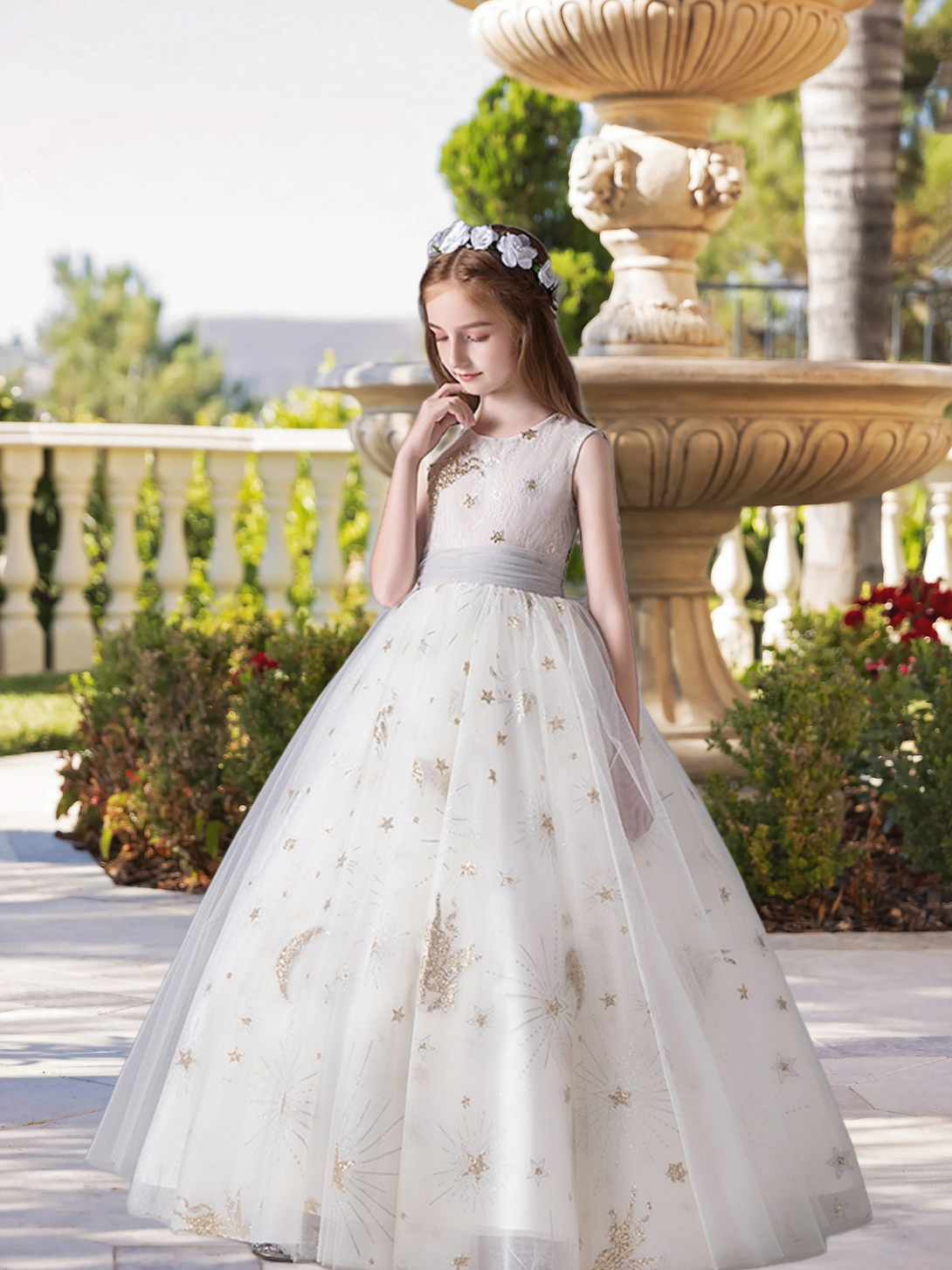 Elegant Scoop Neck Sleeveless Floor-Length Printed Tulle Girls Birthday Dresses With Belt Girls Gidiondress
