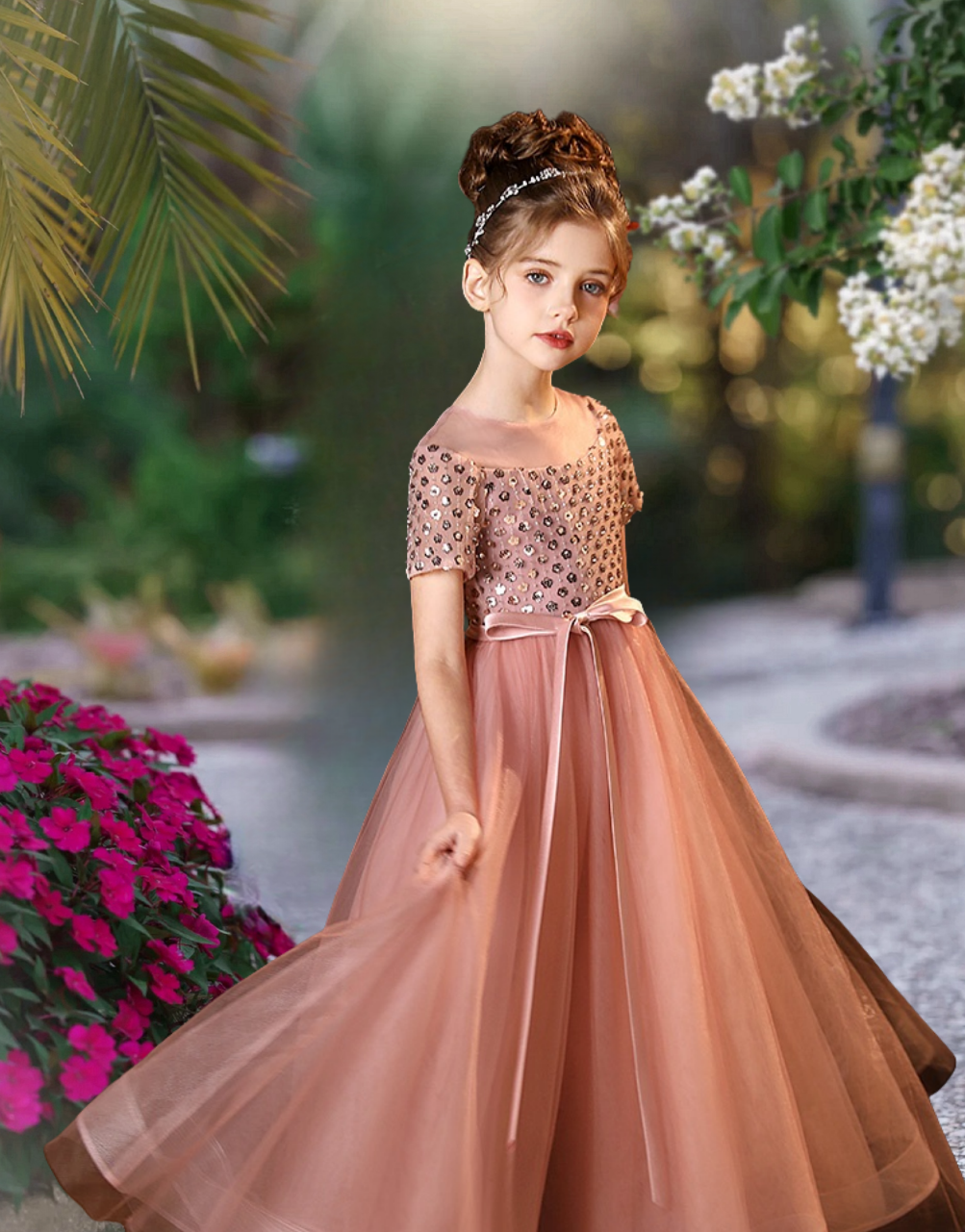 Short Sleeve Floor-Length Tulle/Sequins/Satin Holiday＆Christmas Dresses With Ribbon Girls Gidiondress