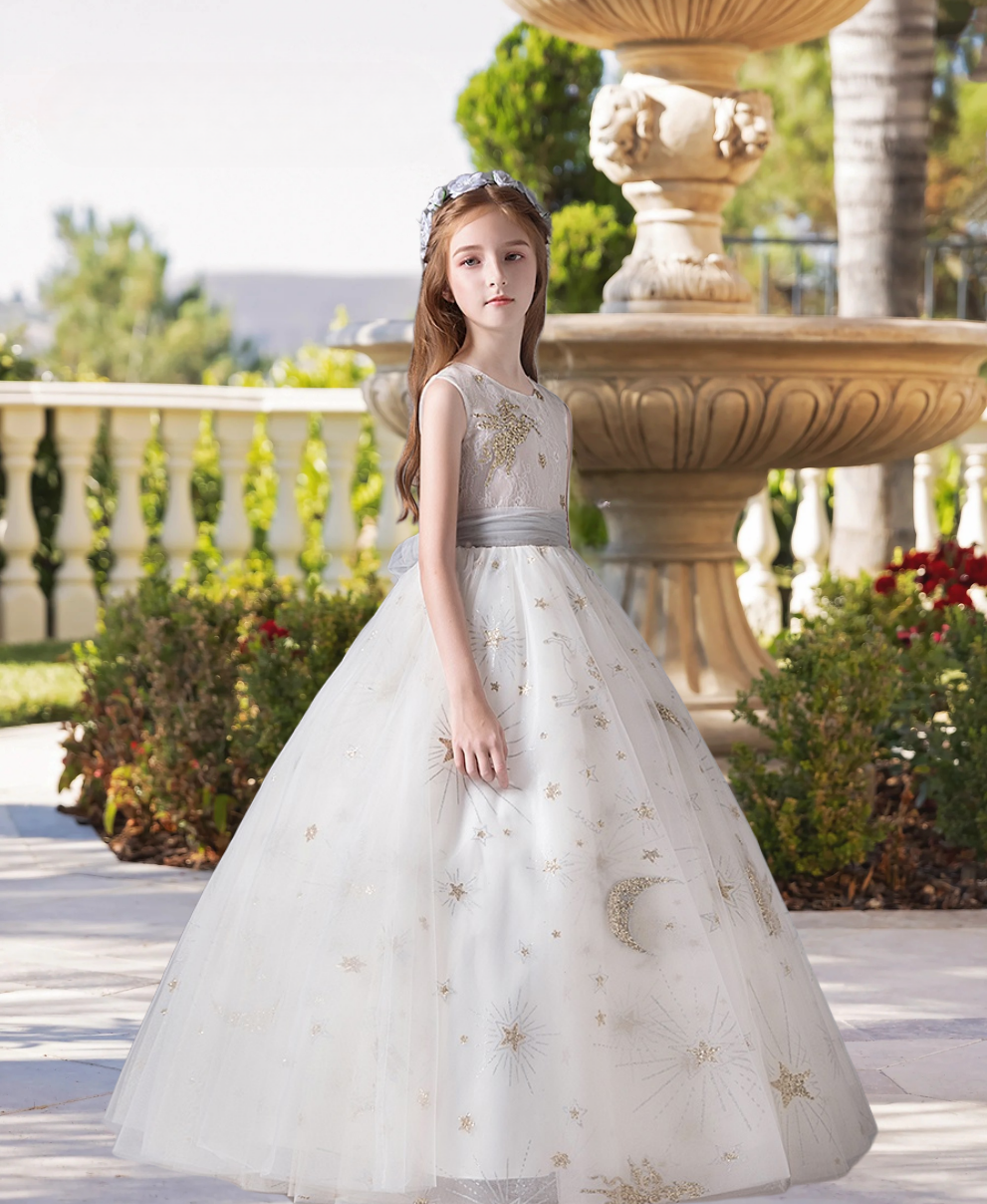Elegant Scoop Neck Sleeveless Floor-Length Printed Tulle Girls Birthday Dresses With Belt Girls Gidiondress