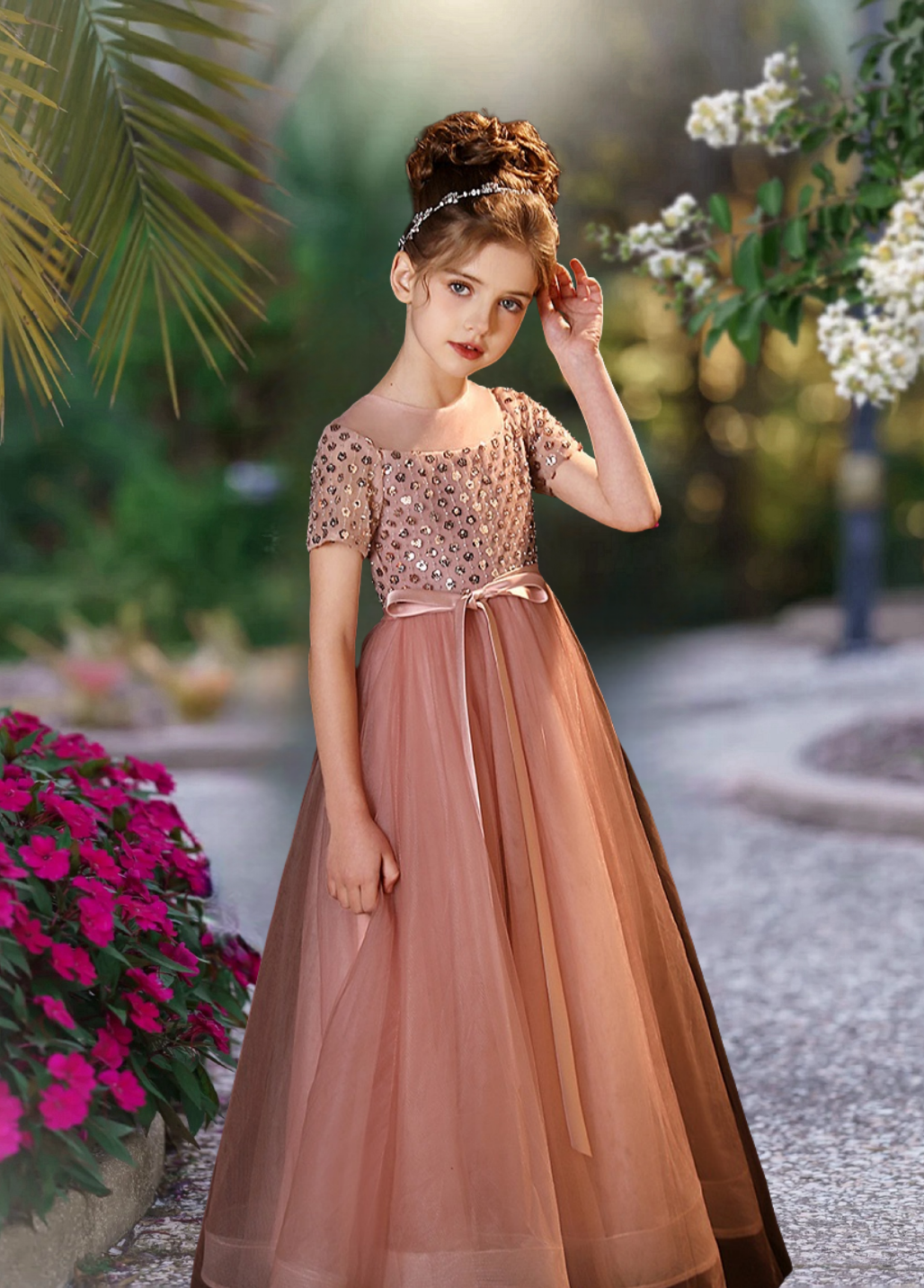 Short Sleeve Floor-Length Tulle/Sequins/Satin Holiday＆Christmas Dresses With Ribbon Girls Gidiondress