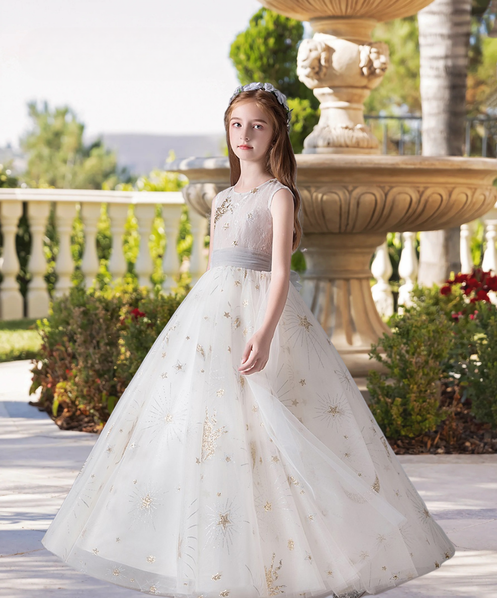 Elegant Scoop Neck Sleeveless Floor-Length Printed Tulle Girls Birthday Dresses With Belt Girls Gidiondress