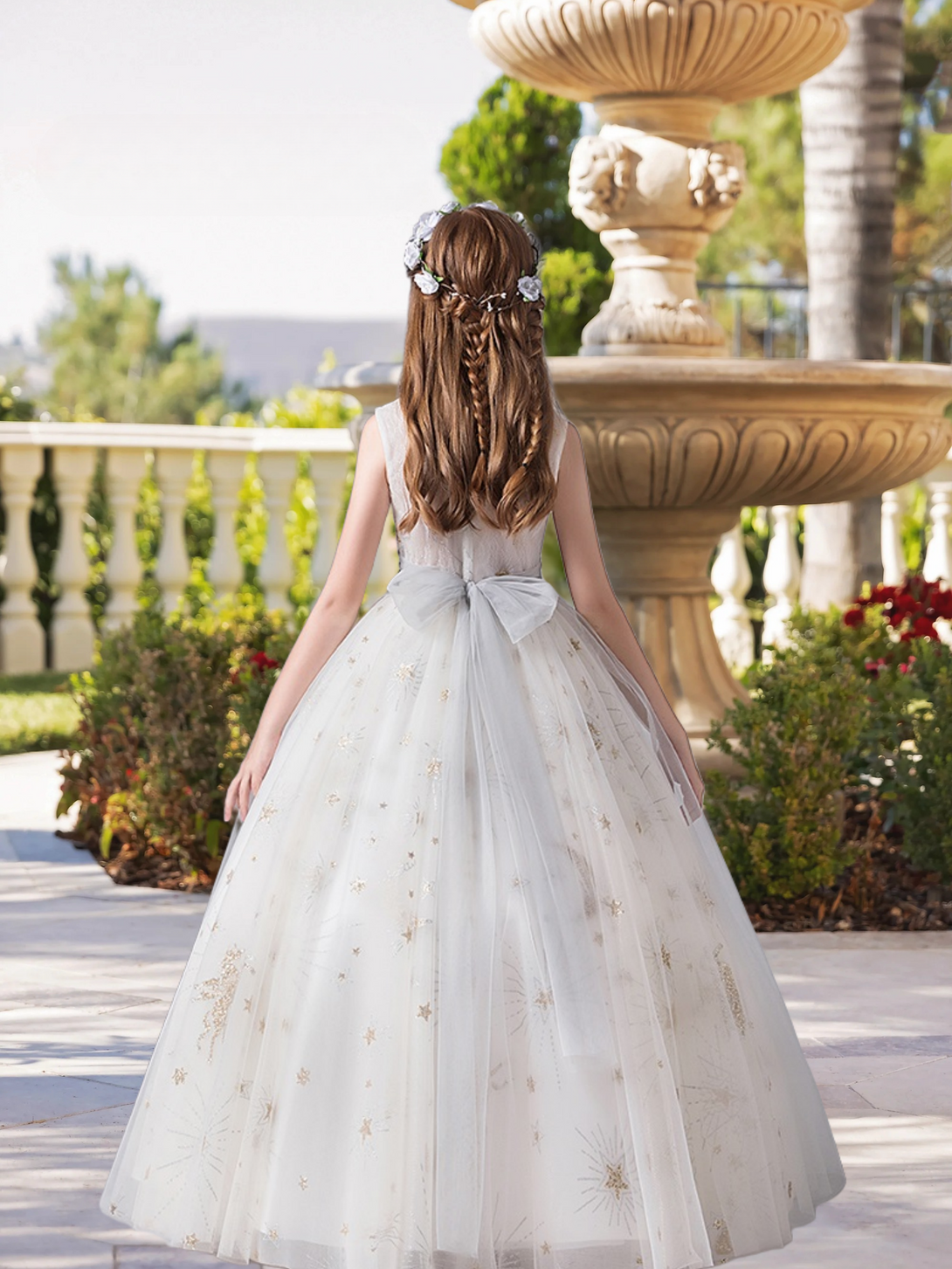 Elegant Scoop Neck Sleeveless Floor-Length Printed Tulle Girls Birthday Dresses With Belt Girls Gidiondress