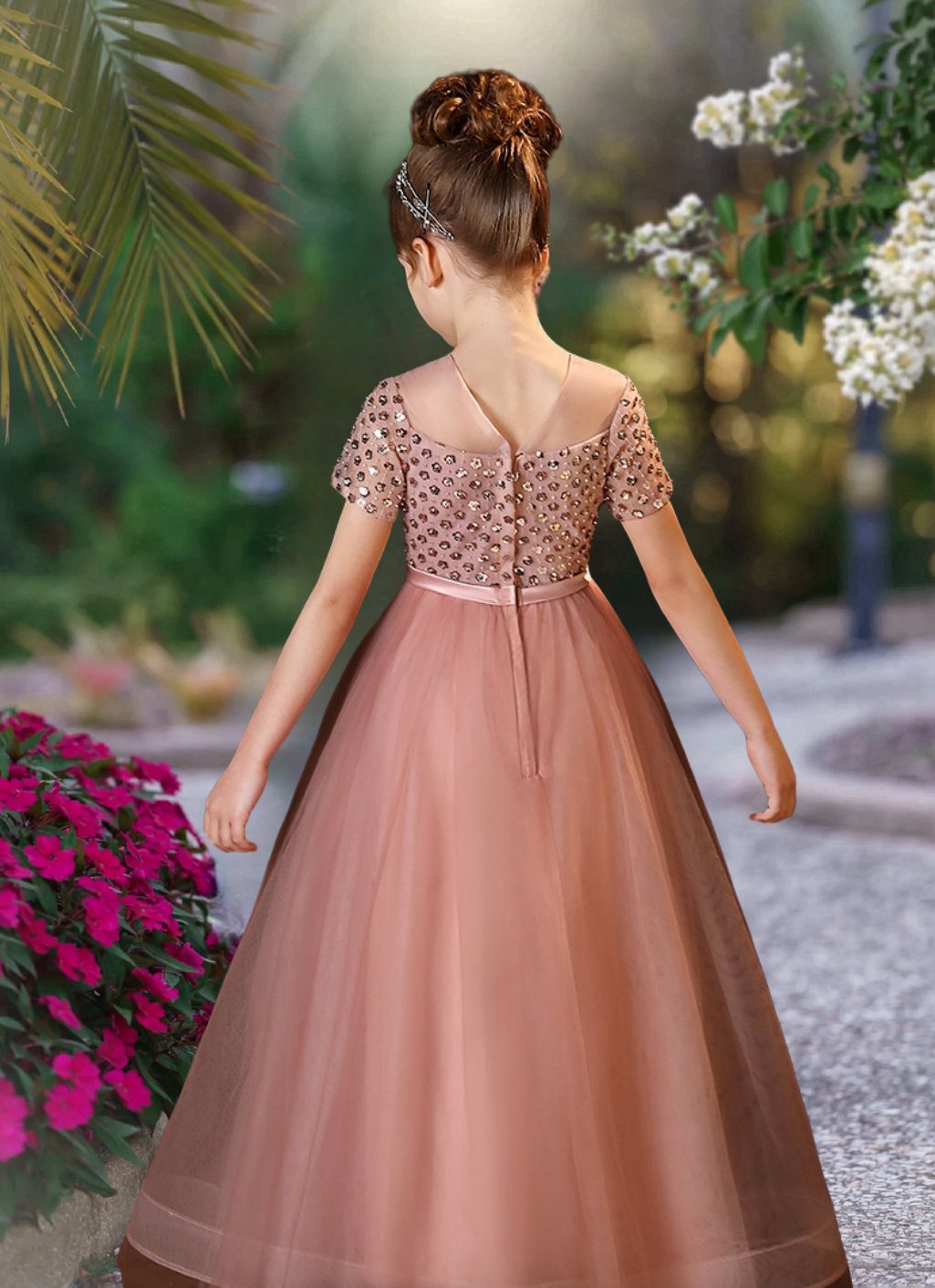 Short Sleeve Floor-Length Tulle/Sequins/Satin Holiday＆Christmas Dresses With Ribbon Girls Gidiondress