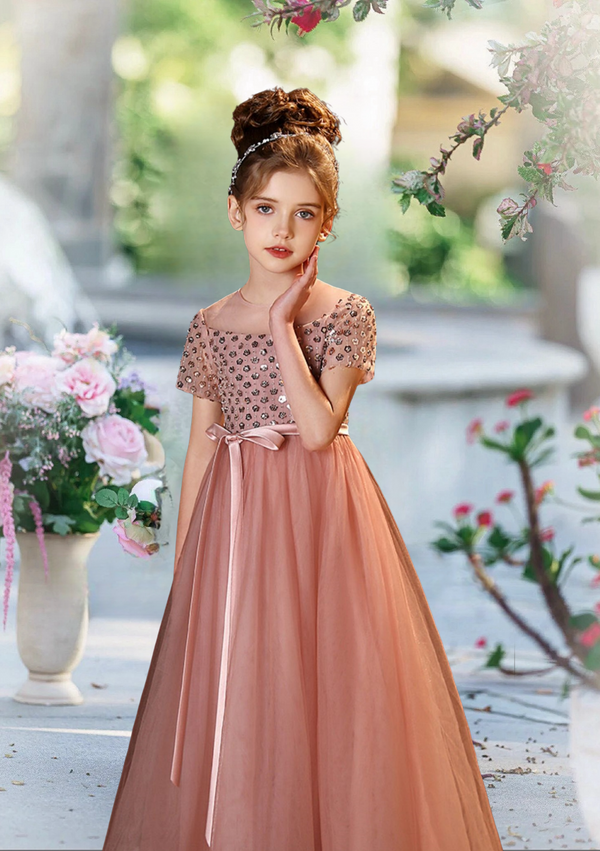 Short Sleeve Floor-Length Tulle/Sequins/Satin Holiday＆Christmas Dresses With Ribbon Girls Gidiondress