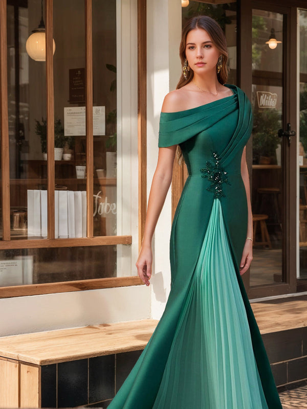 Trumpet/Mermaid One-Shoulder Short Sleeves Evening Dresses With Ruffles & Appliques BabaMila