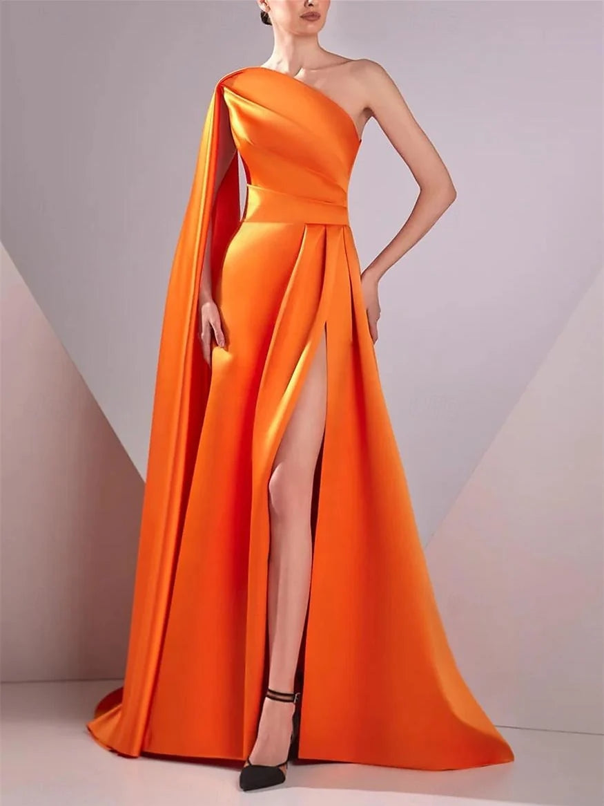 A-Line/Princess Evening Dresses Satin One Shoulder Sleeveless Floor-Length Ruched BabaMila