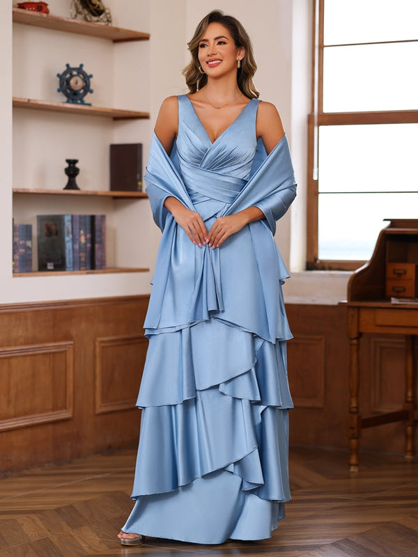 A-Line/Princess V-Neck Sleeveless Floor-Length Mother Of The Bride Dresses With Ruffles & Wrap BabaMila