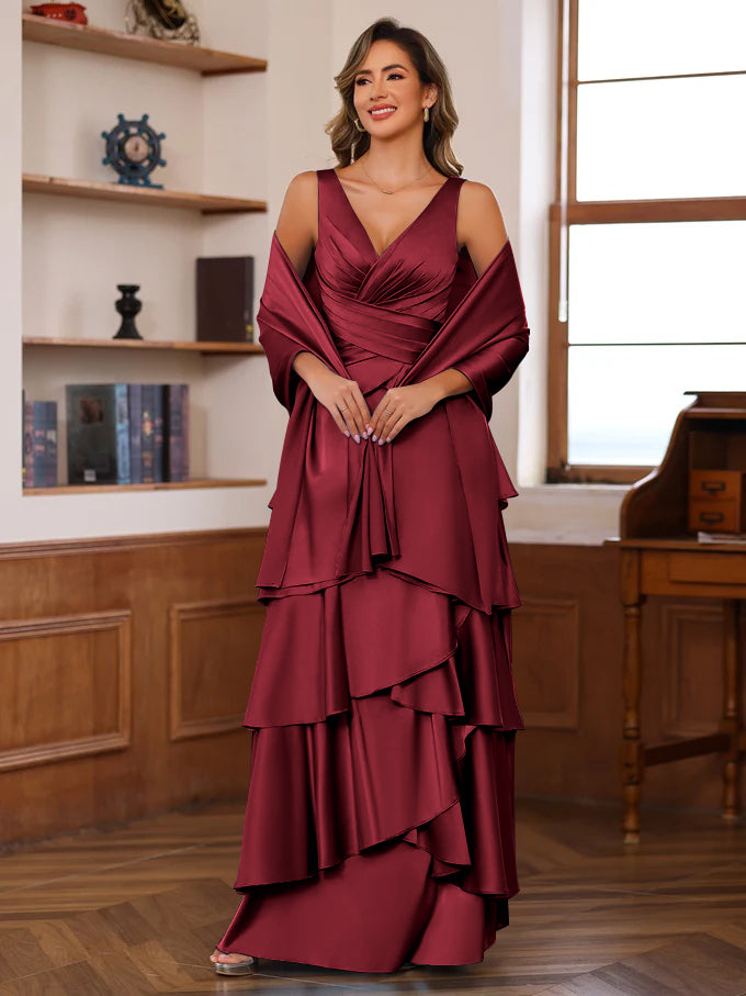 A-Line/Princess V-Neck Sleeveless Floor-Length Mother Of The Bride Dresses With Ruffles & Wrap BabaMila